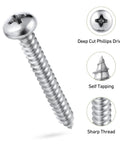 Heavy Duty Size 10 X 1 Inch Pan Head Wood Screws, 120 Pack 304 Stainless Steel Self Tapping Sheet Metal Fasteners With Smooth Phillips Drive, showcasing sharp thread and deep cut drive.