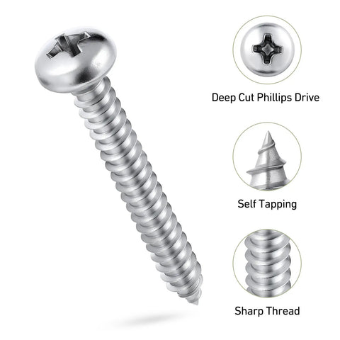 Heavy Duty Size 10 X 1 Inch Pan Head Wood Screws, 120 Pack 304 Stainless Steel Self Tapping Sheet Metal Fasteners With Smooth Phillips Drive, showcasing sharp thread and deep cut drive.