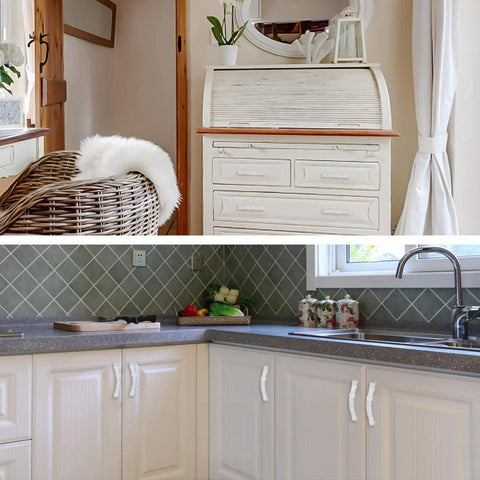 Crystal Drawer Pulls Bling Handles for dresser and kitchen cupboards, 14 cm, white with stainless steel core, installed.
