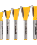 Hella Sharp 5 Piece Dovetail Router Bit Set With Quarter Inch Shank and Ridiculously Durable Tungsten Carbide Blades on display.