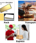 Packaging and delivery process, showcasing dimensions, shipping transport, and express delivery.