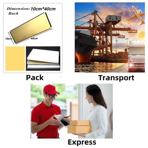 Packaging and delivery process, showcasing dimensions, shipping transport, and express delivery.