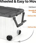 High Capacity Wheeled Storage Bins Featuring Smooth Glide Casters And Heavy Duty Stack Design Clear Plastic Rolling Containers with fold-down handle and wheels.