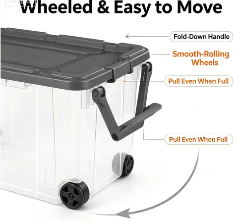 High Capacity Wheeled Storage Bins Featuring Smooth Glide Casters And Heavy Duty Stack Design Clear Plastic Rolling Containers with fold-down handle and wheels.