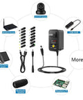 Adjustable DC Power Supply 6V To 24V With 5V 2A USB Port, 36W Universal AC DC Adapter, shown with compatible devices