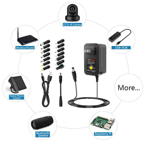 Adjustable DC Power Supply 6V To 24V With 5V 2A USB Port, 36W Universal AC DC Adapter, shown with compatible devices