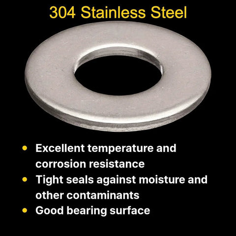 Flat washer with 5/16 in hole and 3/4 in outer diameter, made of 304 stainless steel