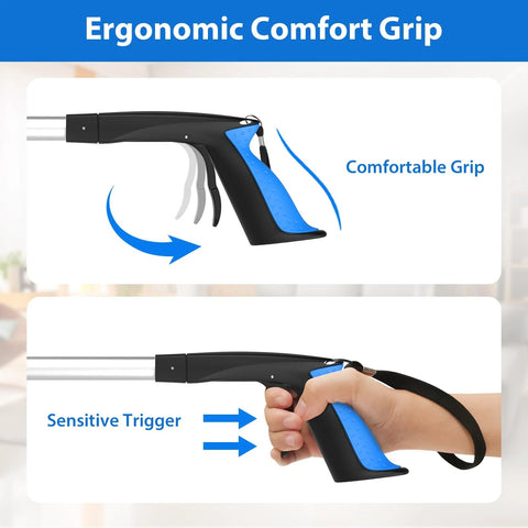 Grabber Reacher Tool 36-inch foldable with blue ergonomic grip and 360-degree rotating jaw