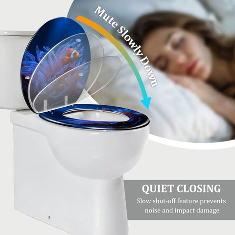 Laid Back Island Life Round Toilet Seat Cover with bold beach design showing quiet close lid on standard toilet.