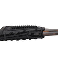Buffalo Hide Leather Waxed Canvas Recoil Reducing Pad for Buttstock with rifle shell holder, black lacing, side view.
