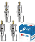 4-piece TCT hole saw set with detachable pilots and Allen wrench; sizes 3/4 to 1-1/2 in