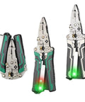 Solid Wire Stripper And Cable Pliers With Built In Voltage Tester Portable Precision Electrical Tool No Nonsense Design Built Like A Tank For Day One Crews Green Finish, showcasing heavy-duty pliers with green grip and voltage indicators.
