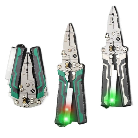 Solid Wire Stripper And Cable Pliers With Built In Voltage Tester Portable Precision Electrical Tool No Nonsense Design Built Like A Tank For Day One Crews Green Finish, showcasing heavy-duty pliers with green grip and voltage indicators.