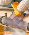 No Sweat Pvc Dust Collection Y Fitting 2 1/2 Inch Id connects 2 1/2 Inch Od Pipe fast with built in coupler visible on workshop table.