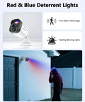 90ft Night Vision 5MP Outdoor Wired Security Camera System With DVR Recorder showing motion activated red and blue LEDs at night
