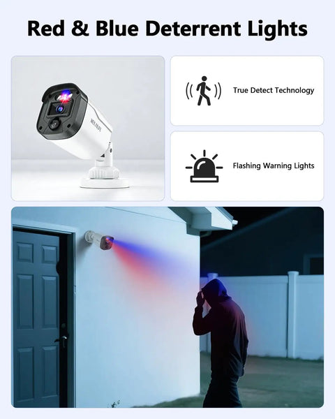 90ft Night Vision 5MP Outdoor Wired Security Camera System With DVR Recorder showing motion activated red and blue LEDs at night