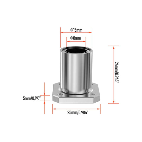 LMK8UU Square Flange Linear Ball Bearings 8mm Bore 15mm OD 24mm Length dimensions view with flange details