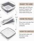 Instructions for folding and unfolding the 2.4 Gallon Collapsible Dish Basin With Drain Plug For Camping, RV, And Outdoor Use