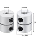 Rock Solid 2 Pack Aluminum Shaft Coupling 5mm To 8mm Bore single split coupler connector for CNC routers with detailed measurements.