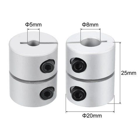 Rock Solid 2 Pack Aluminum Shaft Coupling 5mm To 8mm Bore single split coupler connector for CNC routers with detailed measurements.