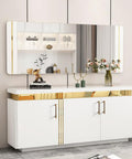 Modern white sideboard with sleek gold accents and decorative items including books and vases in a stylish living room setting.