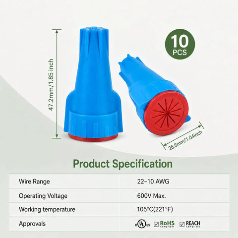 Built Damn Tough Waterproof Wire Connectors With Thick Silicone Sealant For Landscape Lighting And Irrigation Sprinkler Wiring Low Voltage Nut Caps 22 To 8 AWG 10 Pack image showcasing dimensions and design.