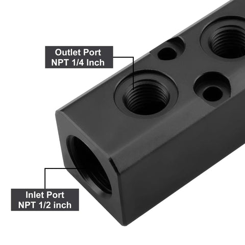 Two Way Four Port Air Compressor Manifold For Quick Tool Feed Inline Pneumatic Distribution Block With NPT Half Inch Supply Port