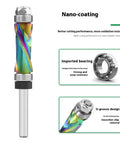 Pro Woodworking Router Bit Set With Dual Upper Lower Bearing Systems For Stable Edging Trimming Plus Vibrations Less 7 Color Coated Shanks, showing nano-coated bit with imported bearings.