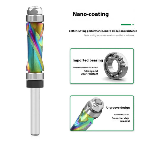 Pro Woodworking Router Bit Set With Dual Upper Lower Bearing Systems For Stable Edging Trimming Plus Vibrations Less 7 Color Coated Shanks, showing nano-coated bit with imported bearings.