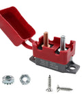 Heavy Duty 30 Amp Automatic Reset Circuit Breaker With Tough Waterproof Red Cover For 12V 24V DC RV ATV Marine Boats And Car Audio Systems, showing terminals and mounting screws.