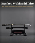 Wakizashi Iaito Unsharpened Aluminum Alloy Iaido Practice Sword With 21 Inch Blade on stand, bamboo theme