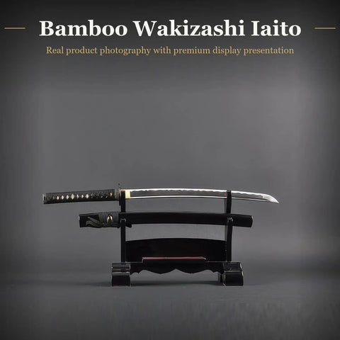 Wakizashi Iaito Unsharpened Aluminum Alloy Iaido Practice Sword With 21 Inch Blade on stand, bamboo theme