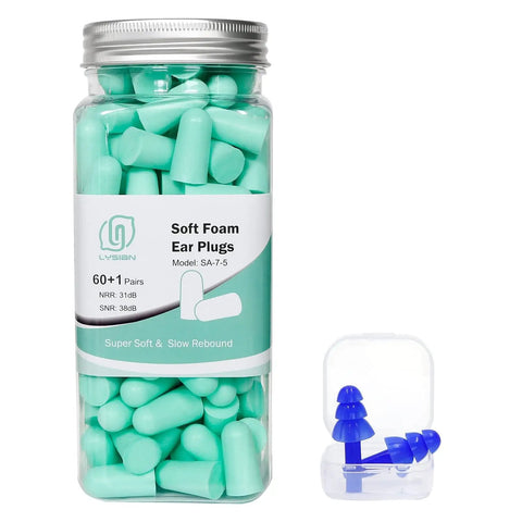 Ultra Soft Foam Ear Plugs For Sleep And Travel, 38dB Noise Reduction, 60 Pairs Value Pack in a clear bottle with blue plugs displayed.