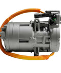 Precision Engineered Heavy Duty Auto AC Compressor Compatible With Tesla Model X 2016 Through 2020 R1234Yf Refrigerant side view with wiring.