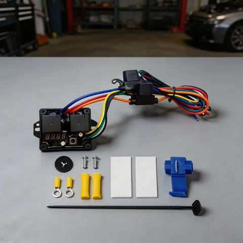 Digital Thermostatic Fan Switch Kit for 12V Motors and EVs Adjustable Temperature Activation 40C to 120C with Prewired Harness Relay Sensor and Plug N Play Setup components displayed on a table.