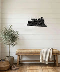 Vintage Steam Locomotive Metal Wall Art Indoor Outdoor Decor Black 12 Inch Retro Vibe Rustic Farmhouse Style Iron Sign in a living room