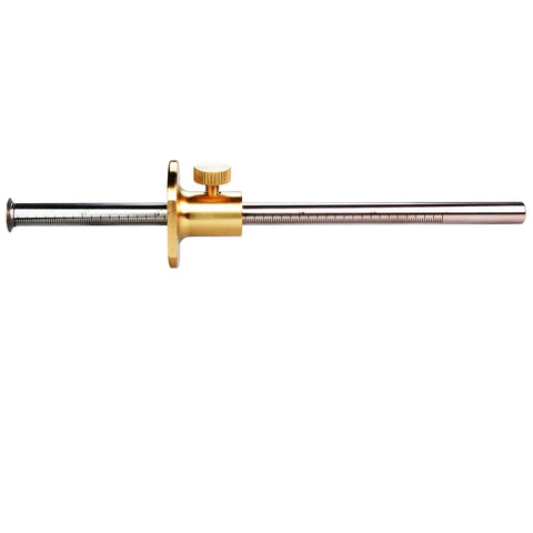 Professional Grade Brass Wheel Marking Gauge Kit Including Two Spare Cutter Wheels And Precise Metric Micro Adjuster Ruler For A Kickass Woodworking Rack You Will Adore, showing brass gauge with metric ruler.