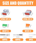 Beefy Grey 12 Pin Waterproof Wire Connector Kit, 5 sets with dimensions and quantities, 60 stamped terminals and seal plugs