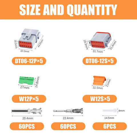 Beefy Grey 12 Pin Waterproof Wire Connector Kit, 5 sets with dimensions and quantities, 60 stamped terminals and seal plugs
