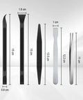 Diagram of Must Have 9 Piece Scraper Set with Carbon Fiber Plastic and Alloy Steel Tools for Sticker Removal, showing tool dimensions.