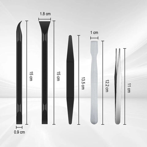 Diagram of Must Have 9 Piece Scraper Set with Carbon Fiber Plastic and Alloy Steel Tools for Sticker Removal, showing tool dimensions.