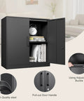 Lockable Steel Wall Mounted Cabinet, 28 Inch High, Two Door Metal Storage Locker in a living room setting