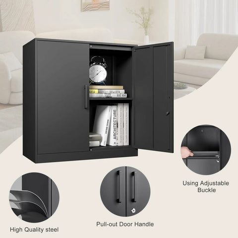 Lockable Steel Wall Mounted Cabinet, 28 Inch High, Two Door Metal Storage Locker in a living room setting