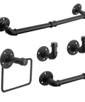 Five Piece Industrial Pipe Bathroom Accessories Hardware Kit For Wall Mounting with black rustic finish showing all components