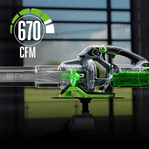 Cordless Trimmer And Blower Combo Kit With 56V 4.0Ah Battery And Charger POWERLOAD Technology, 670 CFM blower cutaway view
