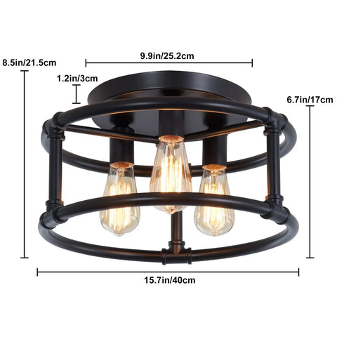 Dope Black Farmhouse 3 Light Ceiling Light Fixture Semi Flush Mount For Kitchen Island Bedroom Living Room Entryway Foyer Hallway E26 Base Industrial Style Metal showing dimensions