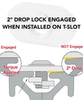 Diagram of 2° drop lock engaged on Centered Slide In Economy T Nuts 1/4-20 Stainless Steel, 18-8 Finish For 10 Series Aluminum Extrusions.