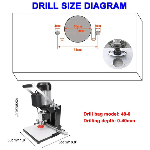 No Fuss Cordless Hinge Drilling Machine For Serious Woodworking And Cabinet Jobs With Quick Depth Tweaks and Single Button Operation Works Like A Charm Built Tough For Daily Grind; drill size diagrams and measurements.