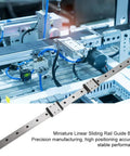 LMLF18B - 500-2R Miniature Linear Guide Rail with 2 Sliding Blocks shown in automated machinery setup, 500mm x 18mm precision rail
