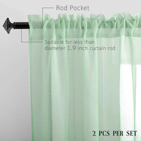 Christmas Green Semi Sheer Curtains With Linen Look Light Filtering Rod Pocket Panels for Bedroom And Living Room, set of 2.